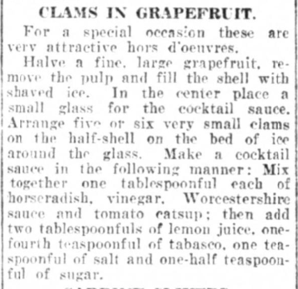 Megsquito's tweet image. Clams in Grapefruit. San Antonio Light (San Antonio, TX), April 16, 1924