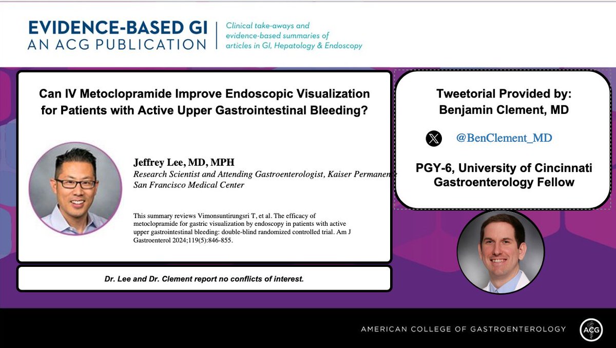Evidence-Based GI: An ACG Publication (EBGI) (@acg_ebgi) on Twitter photo 1/ ⏰ for #EBGI Tweetorial🧵 w/<a href="/BenClement_MD/">Benjamin Clement, MD</a>!
“Can IV Metoclopramide Improve Endoscopic Visualization for Patients with Active Upper Gastrointestinal Bleeding?”
📜 Summary: shorturl.at/zkA6j
🎧 shorturl.at/g3ua1
📰 shorturl.at/FegCy
#GITwitter 1/ ⏰ for #EBGI Tweetorial🧵 w/<a href="/BenClement_MD/">Benjamin Clement, MD</a>!
“Can IV Metoclopramide Improve Endoscopic Visualization for Patients with Active Upper Gastrointestinal Bleeding?”
📜 Summary: shorturl.at/zkA6j
🎧 shorturl.at/g3ua1
📰 shorturl.at/FegCy
#GITwitter