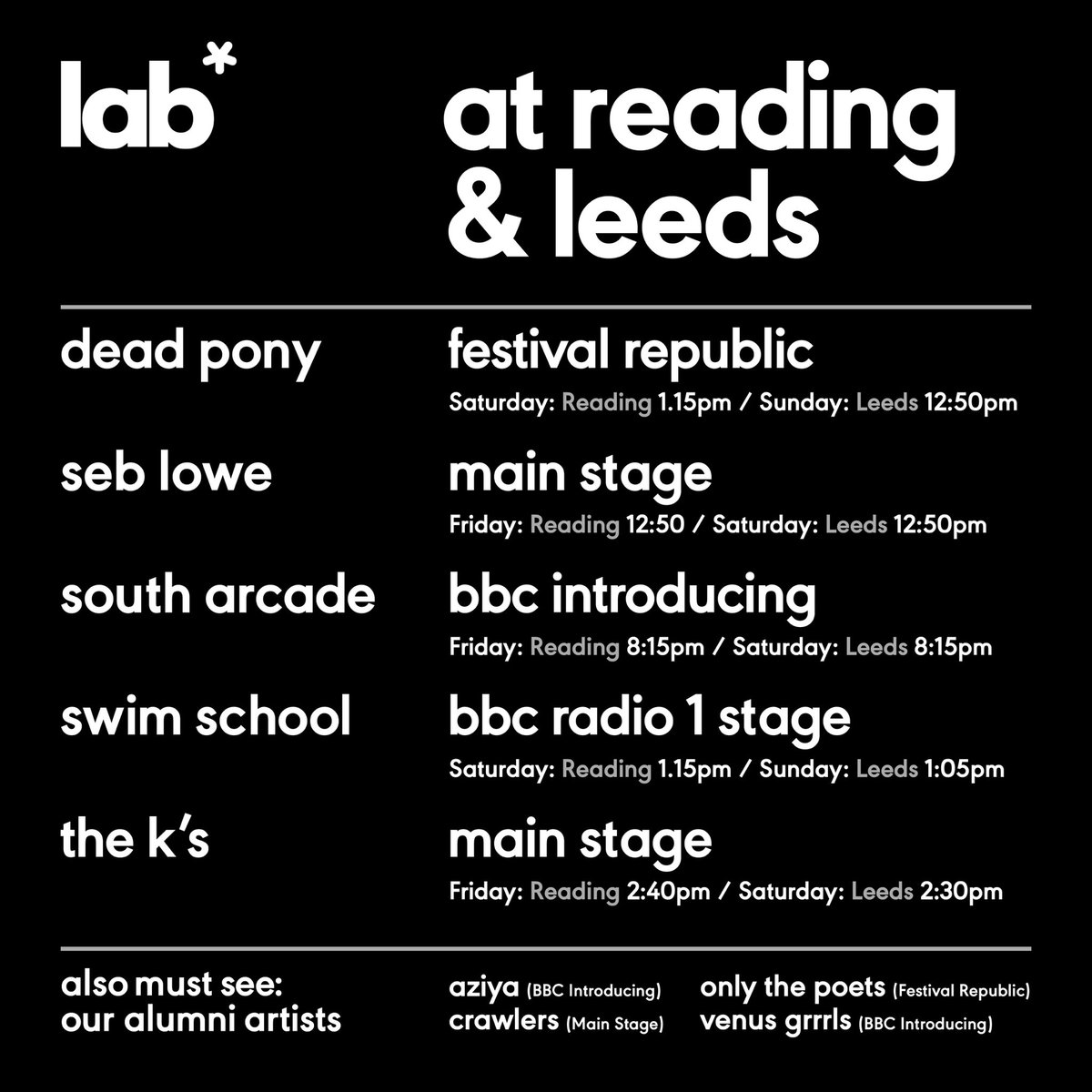 LAB Records (@labrecords) on Twitter photo It’s nearly <a href="/OfficialRandL/">Reading & Leeds Fest</a> weekend! Some key times for <a href="/DeadPonyBand/">Dead Pony</a>, <a href="/Seb_lowe_music/">Seb Lowe</a>, <a href="/southarcadeuk/">SOUTH ARCADE</a>, <a href="/weareswimschool/">Swim School</a> & <a href="/TheKsUK/">THE K'S</a> 💛 It’s nearly <a href="/OfficialRandL/">Reading & Leeds Fest</a> weekend! Some key times for <a href="/DeadPonyBand/">Dead Pony</a>, <a href="/Seb_lowe_music/">Seb Lowe</a>, <a href="/southarcadeuk/">SOUTH ARCADE</a>, <a href="/weareswimschool/">Swim School</a> & <a href="/TheKsUK/">THE K'S</a> 💛