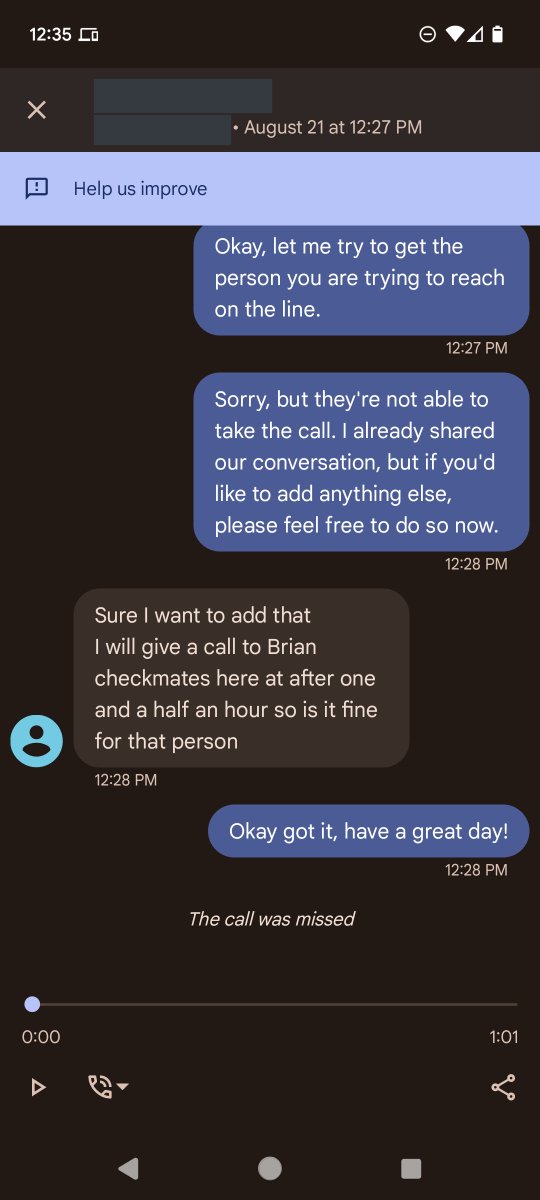 BootOnce's tweet image. AI Talking to AI . . . the world has come to this. Where AWS telemarketing for AI is calling an AI screen caller feature on Google.

This was a true waste of great technology.

I think we all can do better.

We have real techs and real sales people no AI needed.