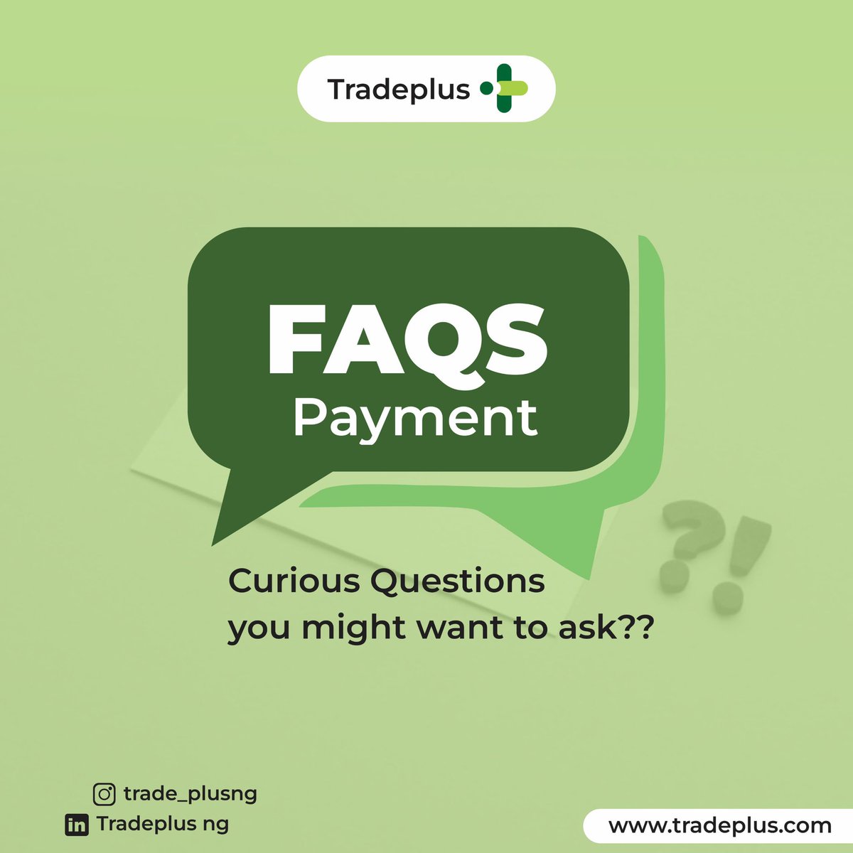 Tradeplus_ng's tweet photo. Get informed with our FAQs! 

Learn more about payment on Tradeplus and find answers to your questions about payment methods, processing times, and more.

Sign up now at https://t.co/mAMzrObkZ5

#paymentsolutions #shoppingonline #vendors #businessowner #smallbusiness #tradeplus https://t.co/qUiZbOAxot