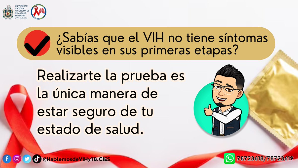 Hablemos_VIHyTB's tweet image. 🌟 ¿Sabías que el VIH no presenta síntomas visibles en sus primeras etapas? La única manera de conocer tu estado de salud es realizándote la prueba de VIH. No dejes tu salud al azar, toma el control y hazte la prueba hoy. #SaludEsPrevención #HazteLaPrueba #CuidadoResponsable