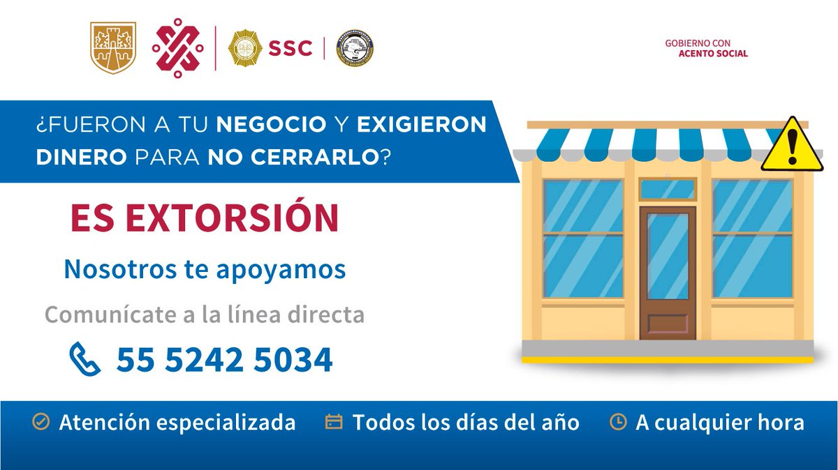 SSC_CDMX's tweet photo. #SSC | ¡Recuerda! En caso de ser víctima de algún tipo de #Extorsión, comunícate a nuestra Dirección General de Atención a Casos de Secuestro y Extorsión, donde recibirás atención especializada todos los días, las 24 horas.👮🏻‍♂️👮🏻
☎️ Comunícate al: 55 5242 5034 (línea directa) https://t.co/qjNs8EzGiv