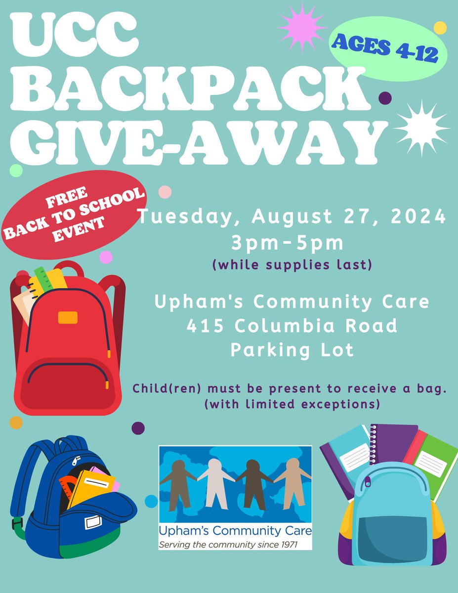 Our annual backpack giveaway is almost here! Stop by 415 Columbia Road on 8/27 from 3-5pm for a free backpack, while supplies last.