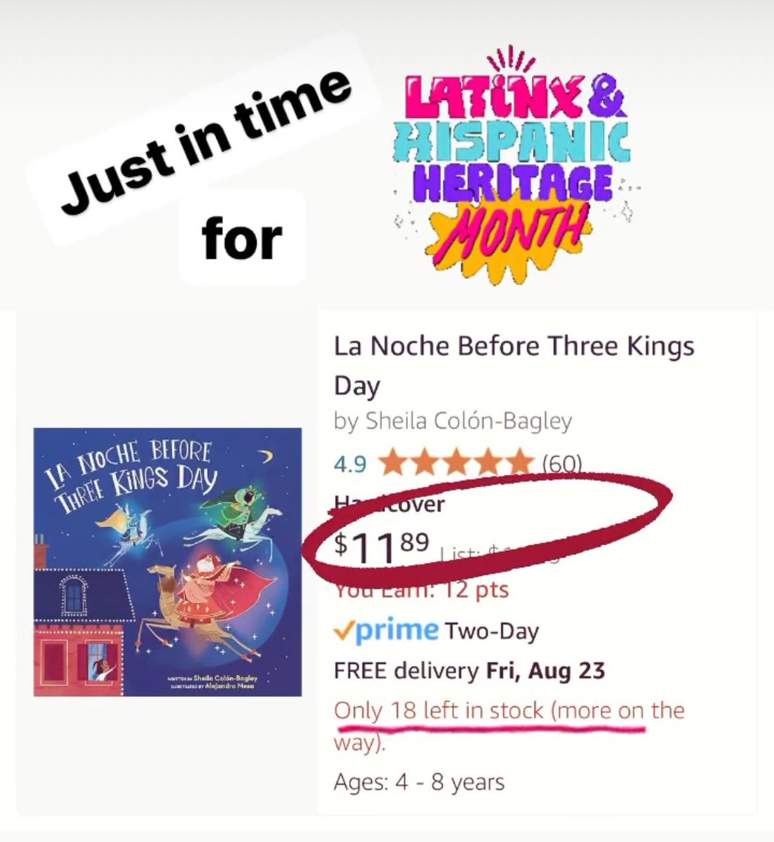 Hey y’all! My book baby “La Noche Before Three Kings Day” is on sale for $11.89 (list is $19.99) on Amazon … just in time for Latinx Heritage Month. Only 18 copies in stock! Grab one before they’re gone!”