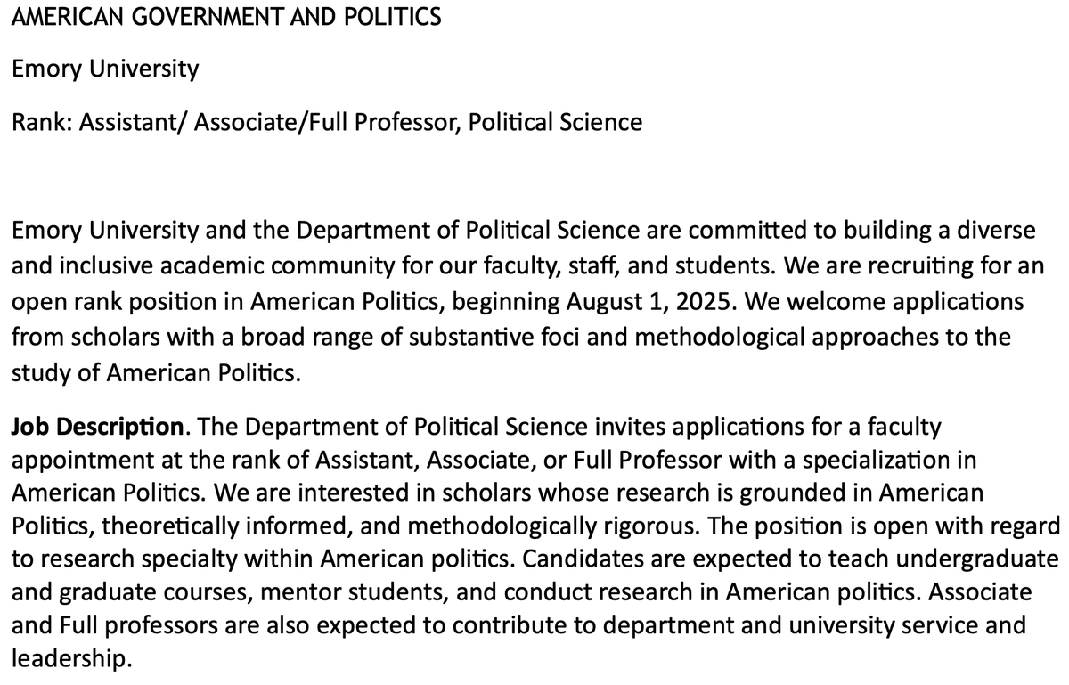 blfraga's tweet image. Emory @EmoryPolisci is hiring in American Politics. Open rank, open specialty. @APSAtweets