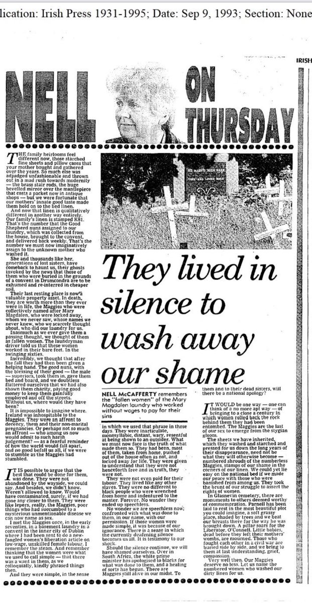 In 1993 when the Srs of Our Lady of Charity exhumed 155 women to make way for a property development, Nell McCafferty was amongst the few who put their heads above the parapet to call this out for what it was. Rest in power 💜