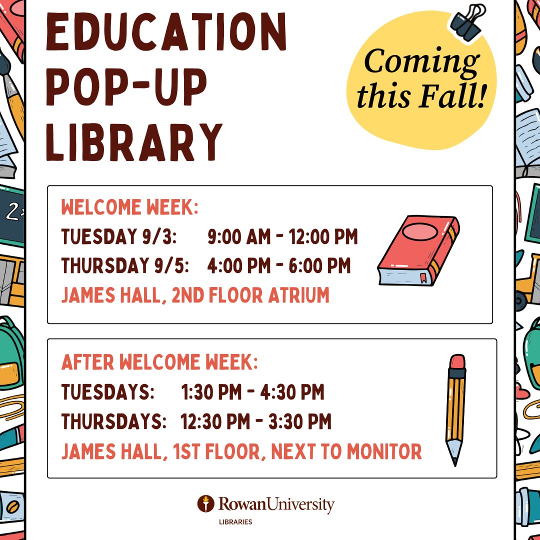 📚 Attention <a href="/RowanCED/">Rowan University College of Education</a> students: This fall, the library is coming to you!  The Education librarian will be in James Hall twice a week to help with research.