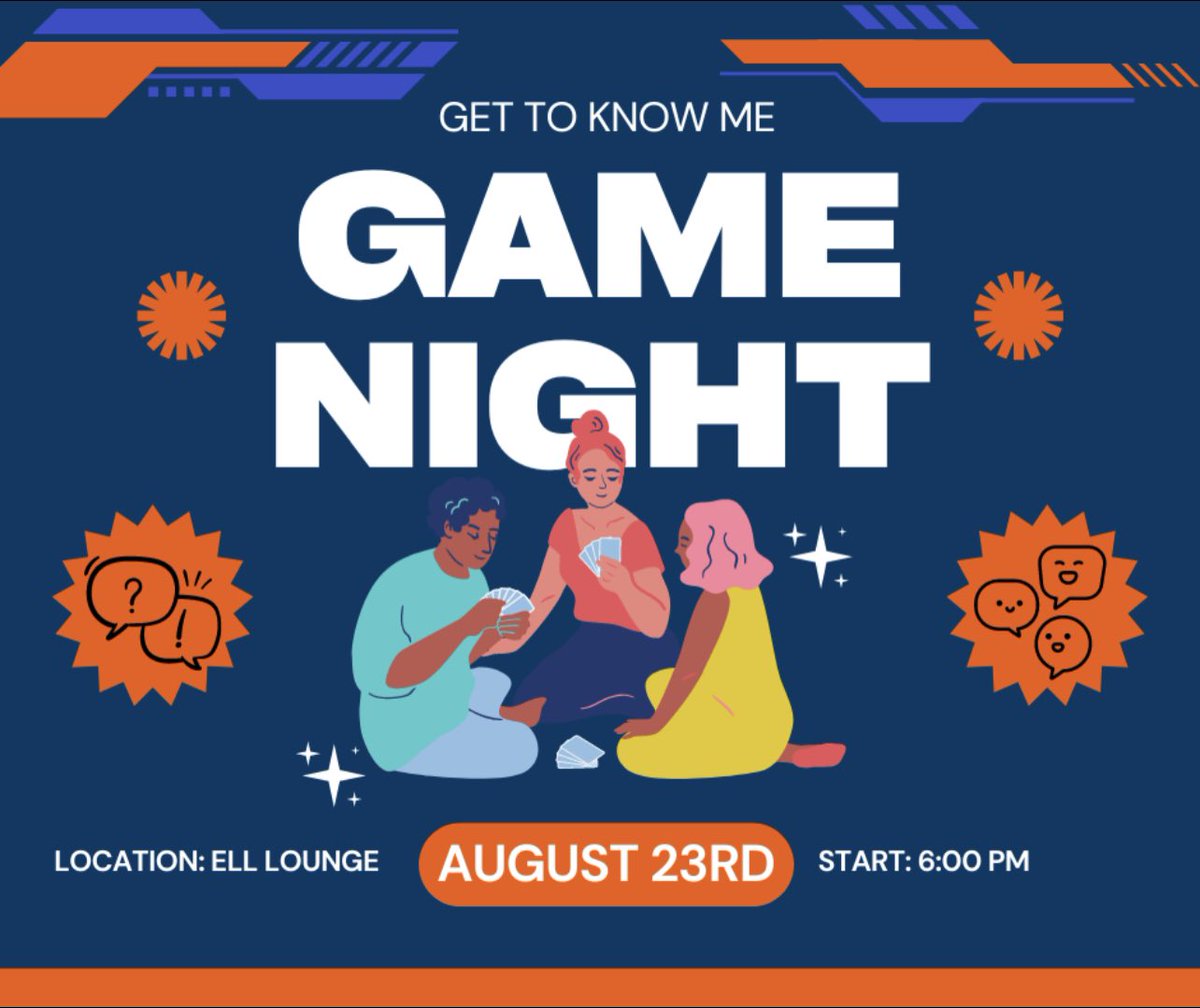 Scholars! Join us this Friday August 23rd at 6:00 PM in the ELL Lounge for our Get to Know me Game Night! 🌟Come along into a night of laughter, snacks, and unforgettable games that’ll help you connect with fellow scholars. Get set for a night full of fun and lasting memories!
