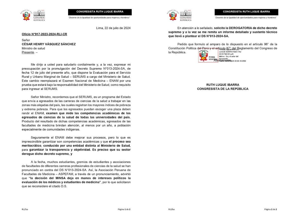 ASPEFAM's tweet photo. ✅ Congresista Ruth Luque solicita derogatoria del DS 013-2024-SA del MINSA, 21.08.2024
➡️ Fuente: https://t.co/S0aLH6lpoS
#ASPEFAM #SERUMS #MINSA #EducacionMedica https://t.co/I4Rb5NbyHc