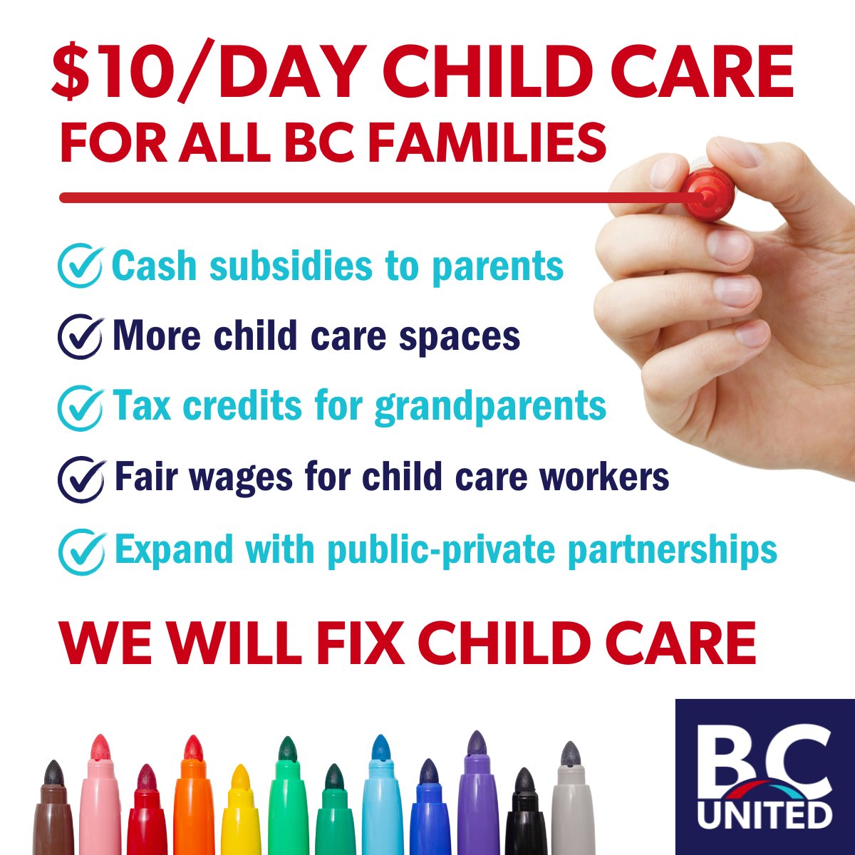 BC United is standing up for families across the province 👨‍👩‍👧‍👦

We’re going to make $10/ day childcare available for all.

If you agree, help us out here: secure.votebcunited.ca/donate