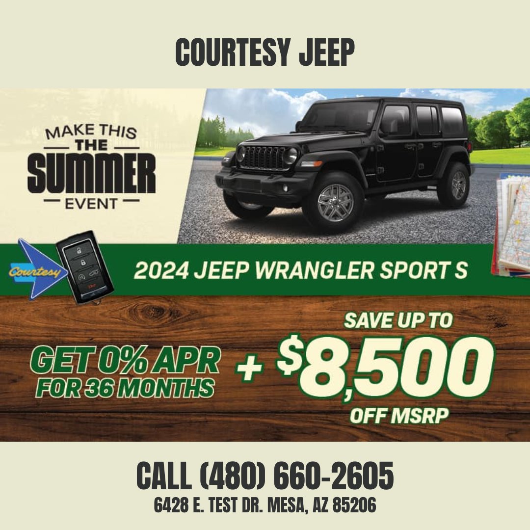 Unleash your inner adventurer! Get 0% for 36 mos plus $8,500 off MSRP on select 2024 Jeep Wrangler Sport S models! 🌄🚗 #JeepWrangler #AdventureAwaits #GoAnywhere

Shop For Yours at 👉 courtesyjeepsuperstitionsprings.com/new-vehicles/w…