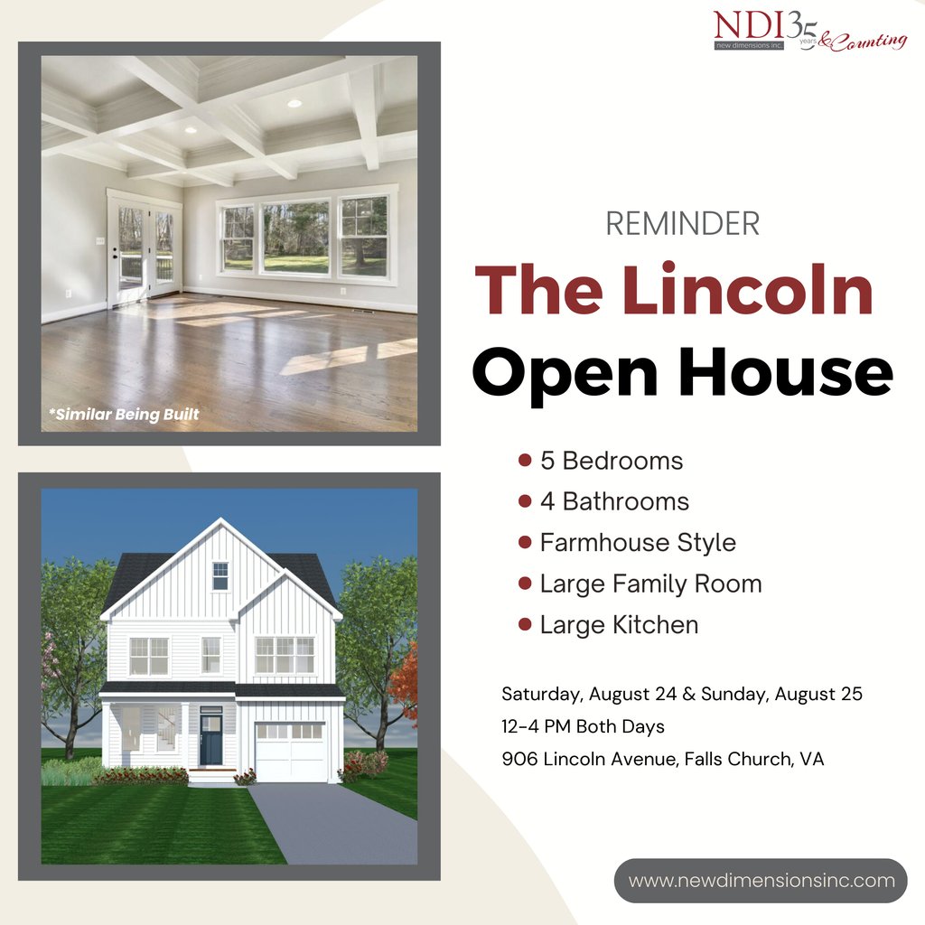 NDICustomHomes's tweet image. The Lincoln Open House is just around the corner. Swing by 906 Lincoln Avenue, Falls Church, VA on August 24-25 between 12 pm and 4 pm. The NDI team will be on-site to answer all your questions. For more info: newdimensionsinc.com/news-and-event… 

#CustomizeYourHome #TheLincolnModel