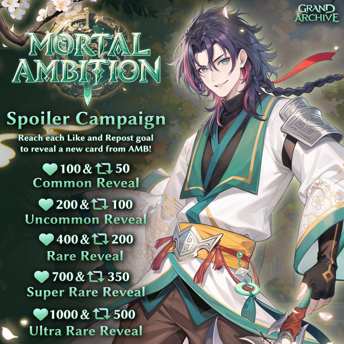 Would you like to see more card reveals from our upcoming set, Mortal Ambition? As a community, you have the opportunity to make it happen! 

We will reveal a new card from Mortal Ambition for each Like and Repost goal that is reached! Additionally, achieving each goal will
