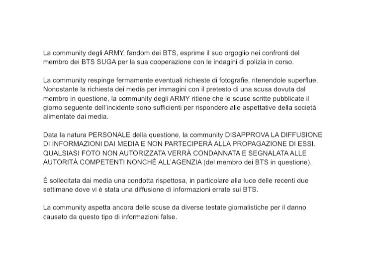 BTSItalia_twt's tweet photo. ❗️Leggete questo avviso e condividetelo.

-NON diffondete immagini 
-NON condividete articoli negativi
-NON causate panico in tl
-NON trendate hashtag dannosi
-NON date peso ai k-media

#ARMYStandsWithSuga 
#ARMYMediaBlackout 
#ARMYShieldsBTS https://t.co/14ADPbixHc