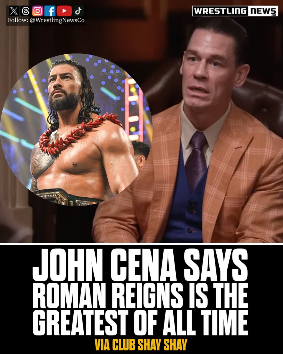 WrestlingNewsCo's tweet photo. John Cena named Roman Reigns as the greatest WWE star of all time. He named The Rock as number 2. He said Roman’s box office numbers are bigger than Rock’s. https://t.co/iv6tr6r7Vn