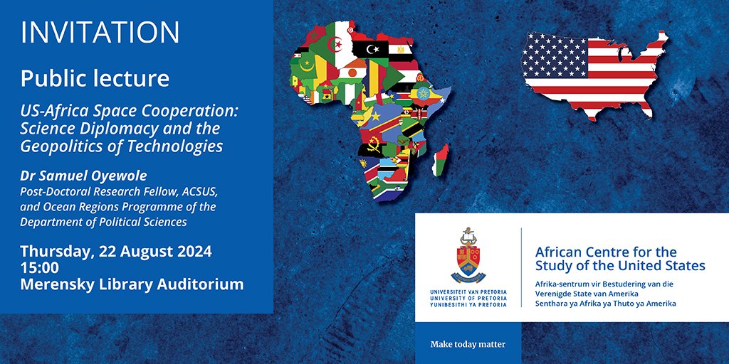 Join us tomorrow, 22 August 2024, as Dr Samuel oyewole shall examine the dimensions of US-Africa space cooperation. 
Read more: up.ac.za/acsus/news/pos…