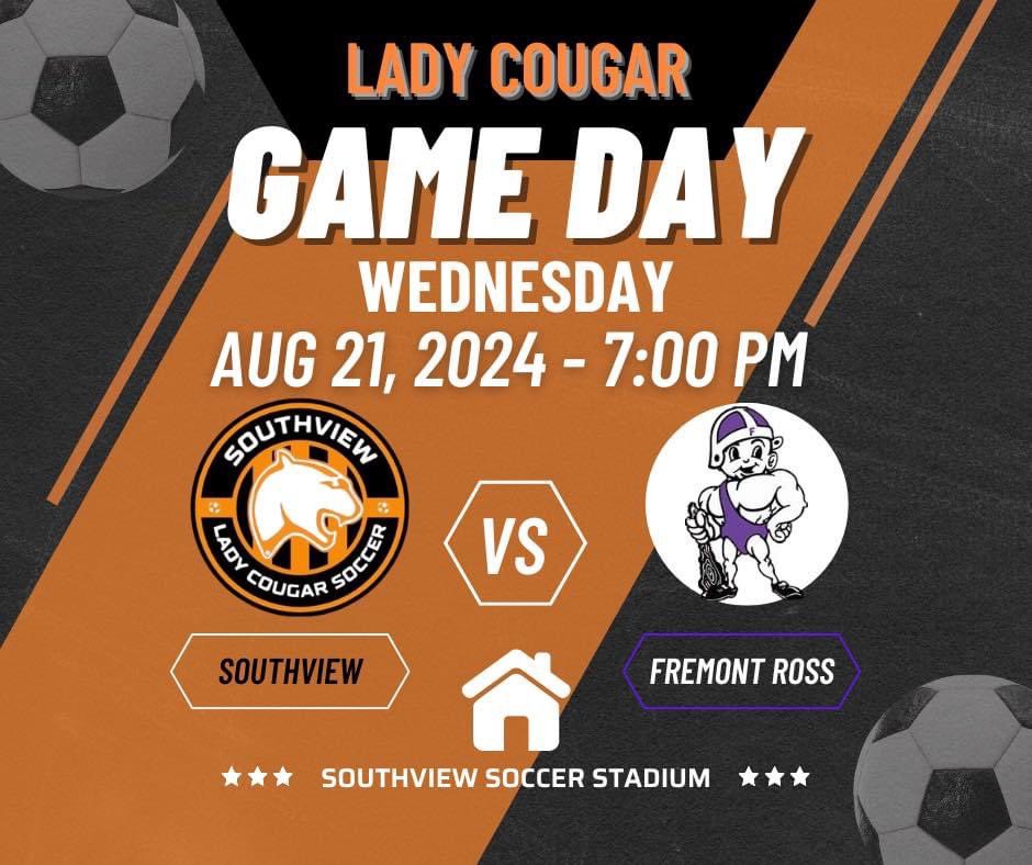 ⚽️🧡GAME DAY 🧡⚽️
📆 August, 21st 2024
🆚 Fremont Ross
🕖 7:00 PM
📍SV Soccer Stadium
🎟️ southviewcougars.org/main/ticketing

<a href="/southviewcougar/">Southview Athletics</a>