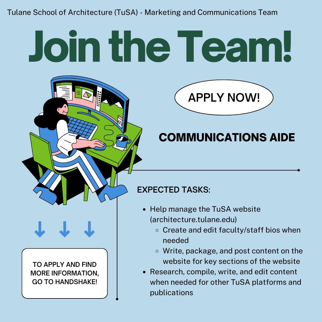 TUStudentJobs's tweet photo. The Marketing and Communications Team at Tulane School of Architecture is searching for a talented student to join us as a Communications Aide! If you're enjoying writing, content creation, and managing website projects, this is the perfect role for you.
#studentjobs #tulanejobs https://t.co/ZoDikq3ieO