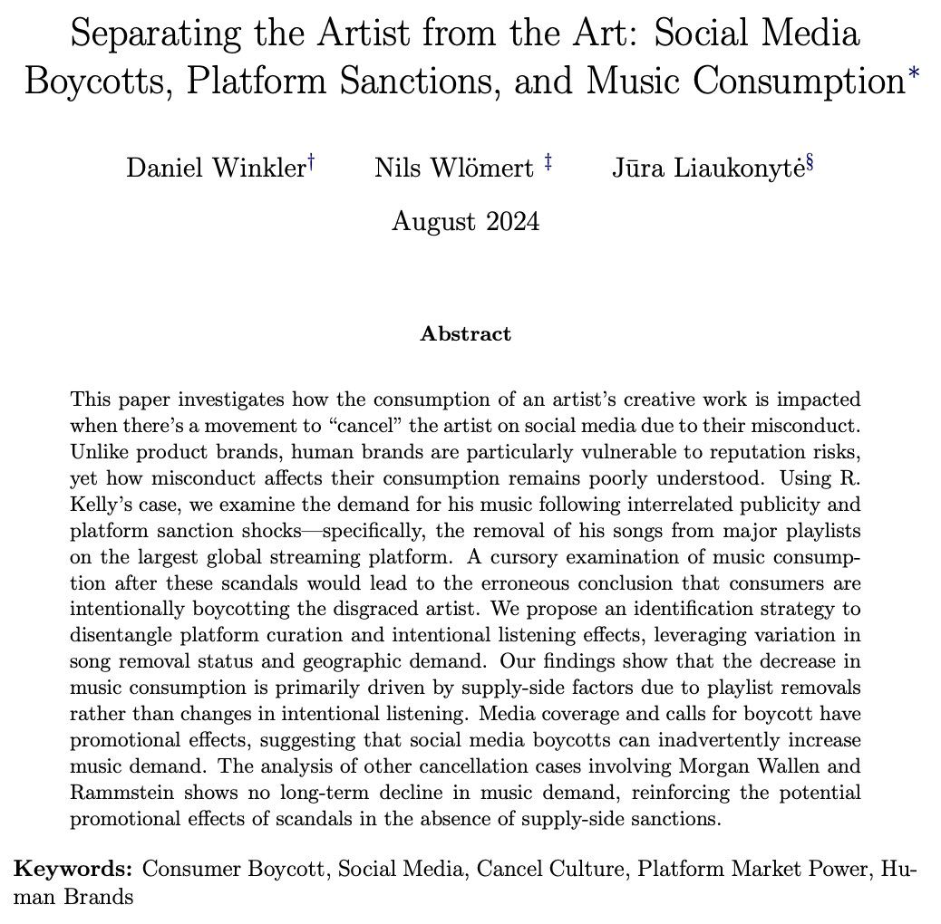 Jūra Liaukonytė (@jurawho) on Twitter photo 🚨New working paper alert!🚨
Does 'canceling' an artist on social media affect their music consumption? Daniel Winkler, <a href="/roamer_09/">nilswloemert</a>, and I explore this in our new paper.
Spoiler: The answer is more complicated than you think. 🚨New working paper alert!🚨
Does 'canceling' an artist on social media affect their music consumption? Daniel Winkler, <a href="/roamer_09/">nilswloemert</a>, and I explore this in our new paper.
Spoiler: The answer is more complicated than you think.