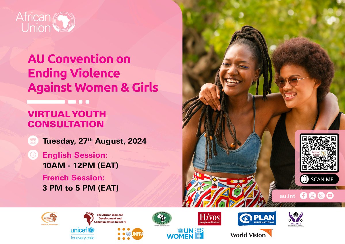 Young people's perspectives are crucial in shaping the AU Convention on Ending Violence Against Women &amp; Girls! 

Register to attend upcoming virtual youth consultations!

🗓: August 27th, 2024 
⏲️: 10AM-12PM EAT &amp; 3PM-5PM EAT
🔗: t.ly/phhEq

#AUEVAWGConvention
