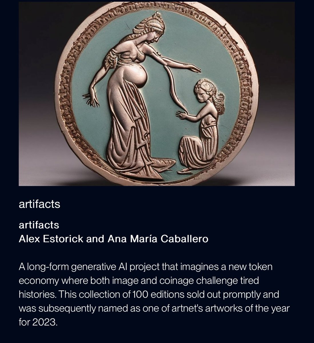 Congratulations to <a href="/CaballeroAnaMa/">Ana María Caballero</a>, the first artist in <a href="/lumenprize/">The Lumen Prize</a> history to be named a finalist for 3 different works!
We're delighted that the "Artifacts" collection, (made with the EmProps Studio) is listed among the nominated works.