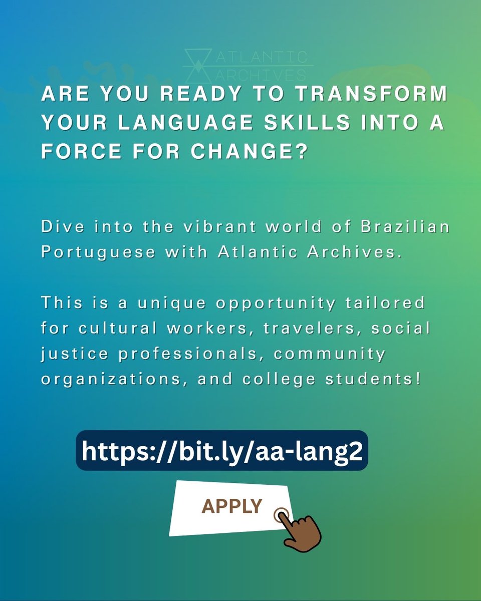 SedrickMiles's tweet photo. 🗣️ Transform your language skills into a force for change! Dive into the vibrant world of Brazilian Portuguese with Atlantic Archives – a unique opportunity tailored for cultural workers, travelers, social justice professionals, community organizations, and students! https://t.co/UtK3f8bPGp