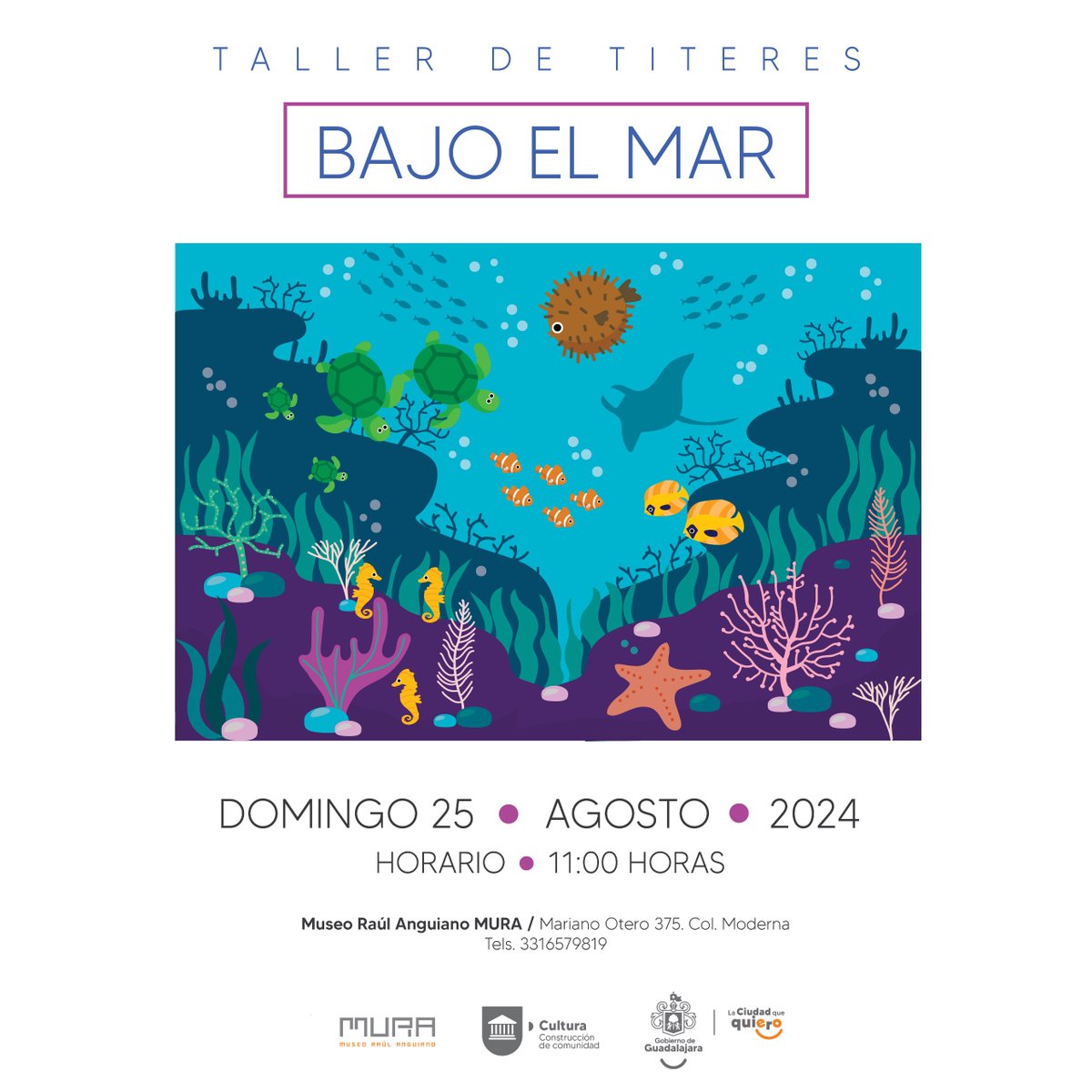 Te invitamos a nuestro taller de títeres "Bajo el mar" este 25 de agosto en nuestro museo.     

Los niños y niñas elaborarán tres títeres de cartón los cuales pintarán y posteriormente realizarán obra de teatro guiñol.    

La cita es a las 11 horas. Actividad gratuita.
