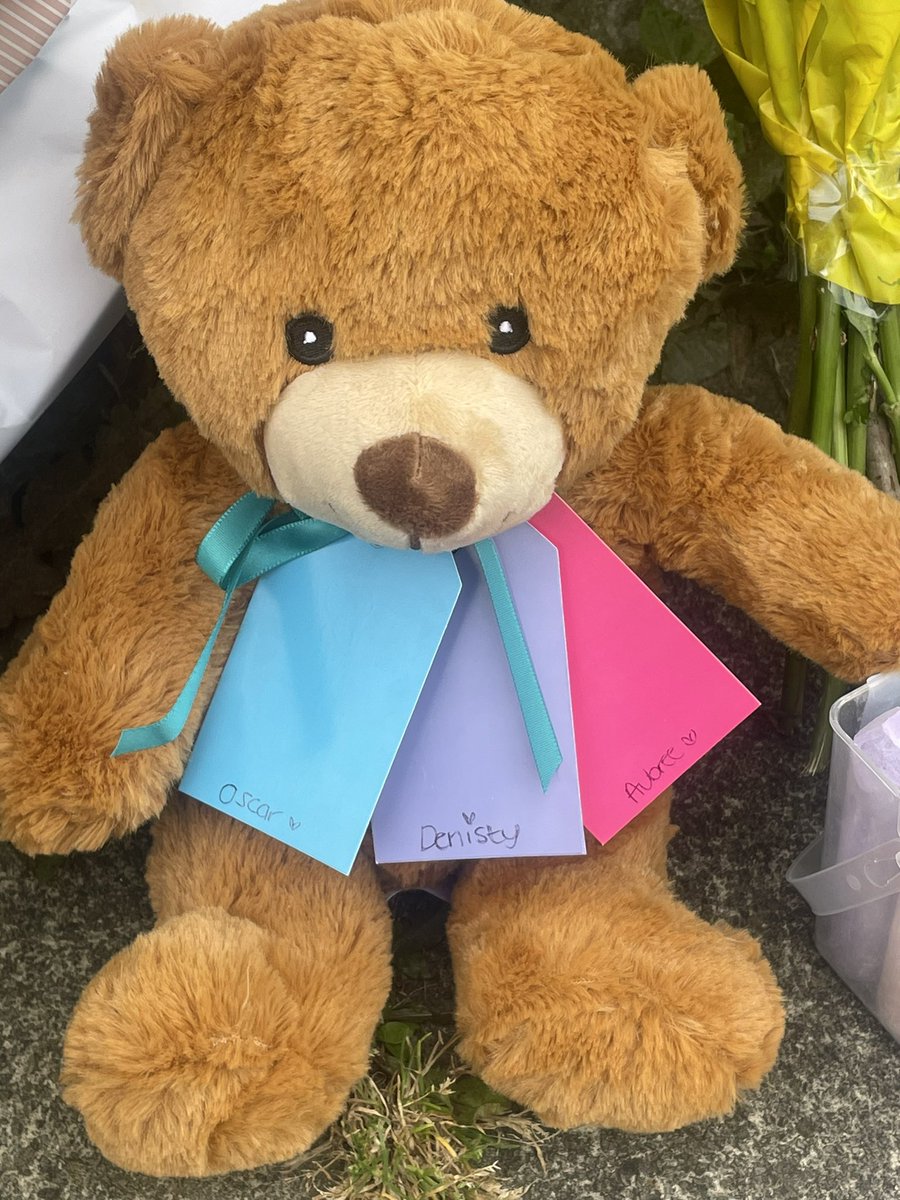 ImogenC_S's tweet photo. A steady stream of mourners are continuing to leave tributes at the scene this evening. Cuddly toys for the three children who had their lives cut tragically short are among them @MENnewsdesk https://t.co/rMIBNaUfne
