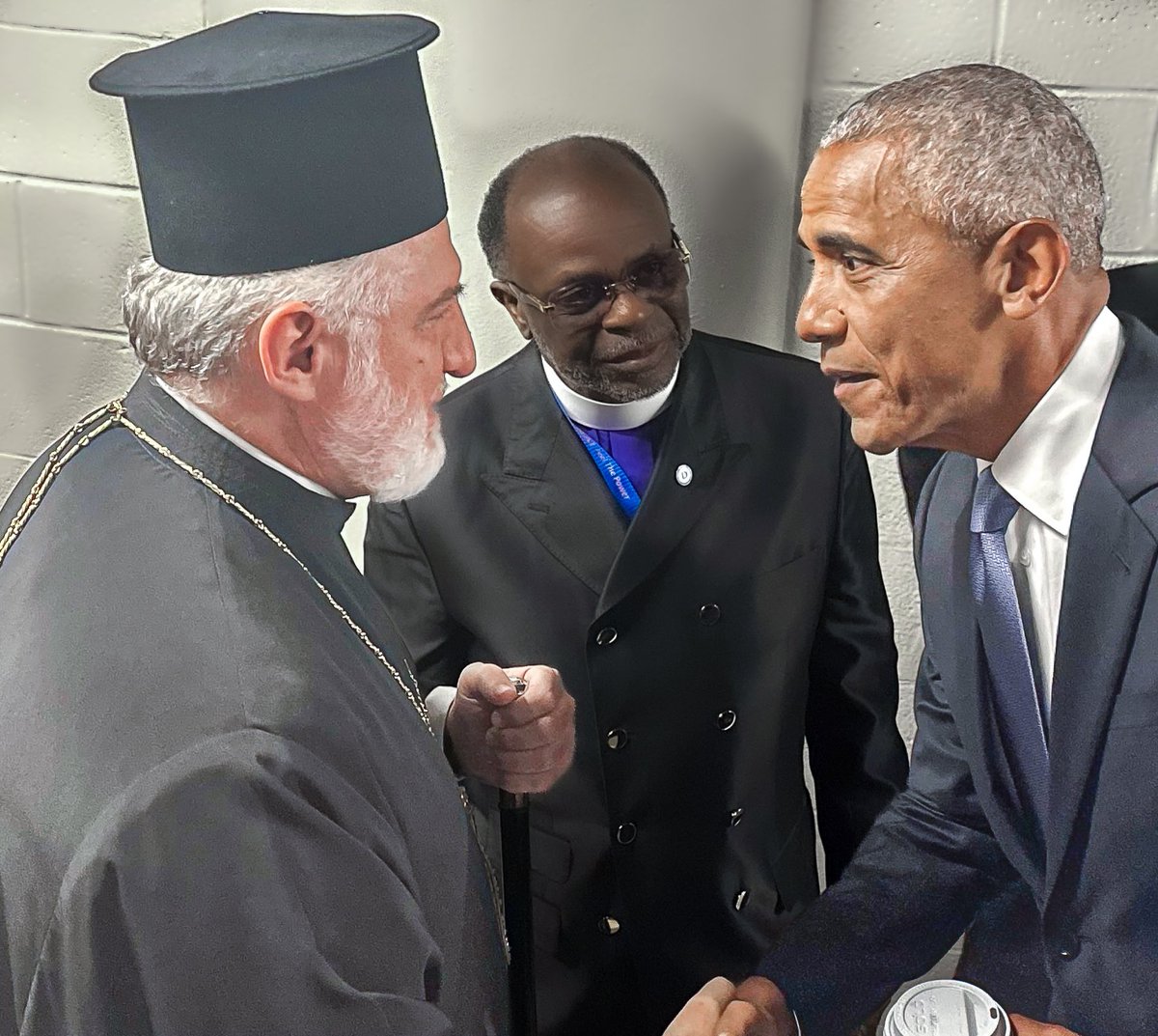 Elpidophoros's tweet photo. At the #DNC2024CHICAGO, I had the honor of greeting President @BarackObama and conveying the blessings of His All Holiness, Ecumenical Patriarch Bartholomew, whom he has met twice—first in Istanbul and later at the @WhiteHouse during his presidency. https://t.co/BZTgh53NMc