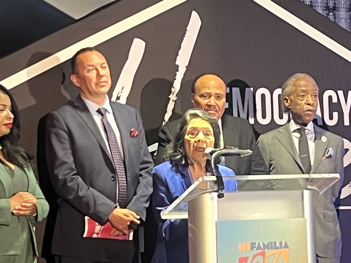 Dolores Huerta, 94, calls for greater unity between Black and Latino voters at a DNC event - MLK III and Rev Al Sharpton are behind her, with Hector Sanchez Barba of Mi Familia Vota on left