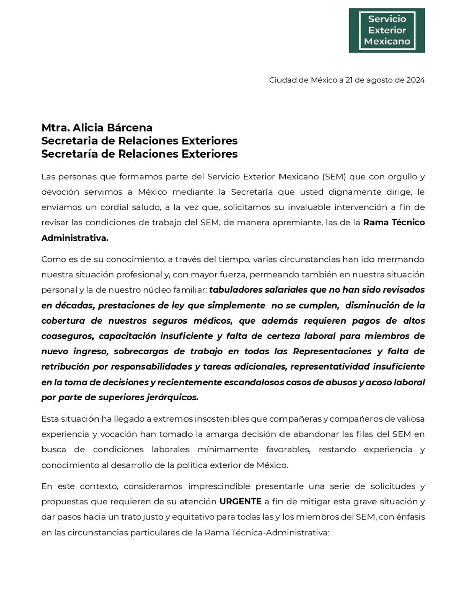 RamaTASEMX's tweet photo. Agregad@s Administrativ@s de la @SRE_mx , parte fundamental del SEM, escribimos a la Canciller @aliciabarcena solicitando URGENTEMENTE revisar nuestras precarias condiciones de trabajo, como fue prometido al inicio de su gestión. 1/2 https://t.co/ogHxSdszt7