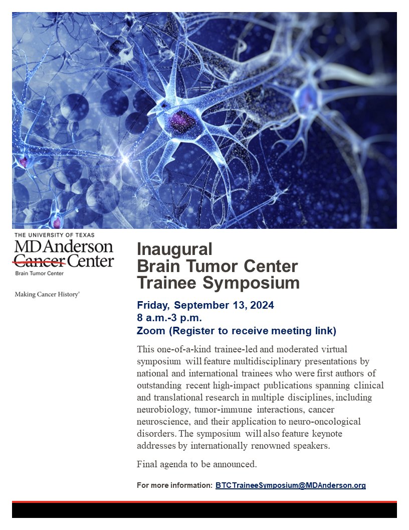 NeuroNews01's tweet photo. 🔬#JoinUs for the @MDAndersonNews Inaugural #BrainTumorCenter Trainee #Symposium! 🔬

Network, learn, and showcase your research with peers and leading experts.

🗓️ Friday, September 13
🕒 8 a.m.-3 p.m.
💻 Virtual conference
👉 Register now: https://t.co/ERAsLj8Xzf

#EndCancer #GBM