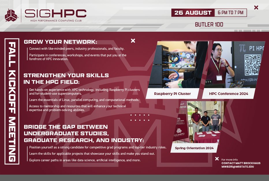 The MSU High Performance Computing Club will hold its fall kickoff meeting next Monday from 6-7 PM in Butler Hall! Any MSU students looking to learn more about HPC and connect with like-minded peers are welcome to attend!