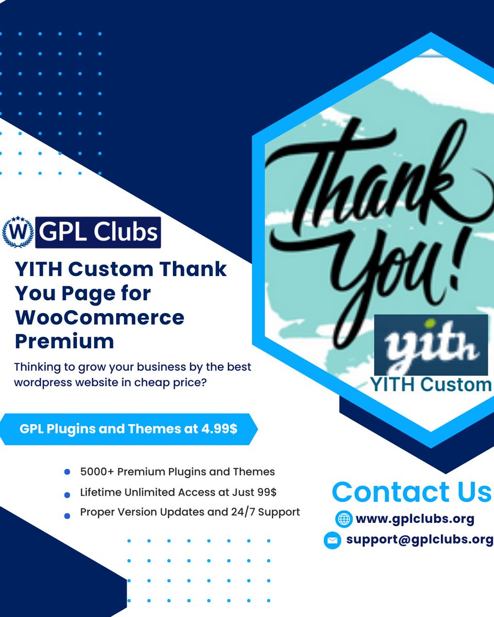 GplClubs's tweet photo. 🌐 YITH Custom Thank You Page for WooCommerce Premium at just 4.99$👍👍

🏆 Buy from here : https://t.co/NUv1yeX2mV

🌏 Our website - https://t.co/8vlhxKCPG3
   Email us : support@gplclubs.org

#wordpresspremiumthemes
#gplthemes 
#YITHCustomThankYouPage 
#WooCommercePremium https://t.co/f52111z3lQ