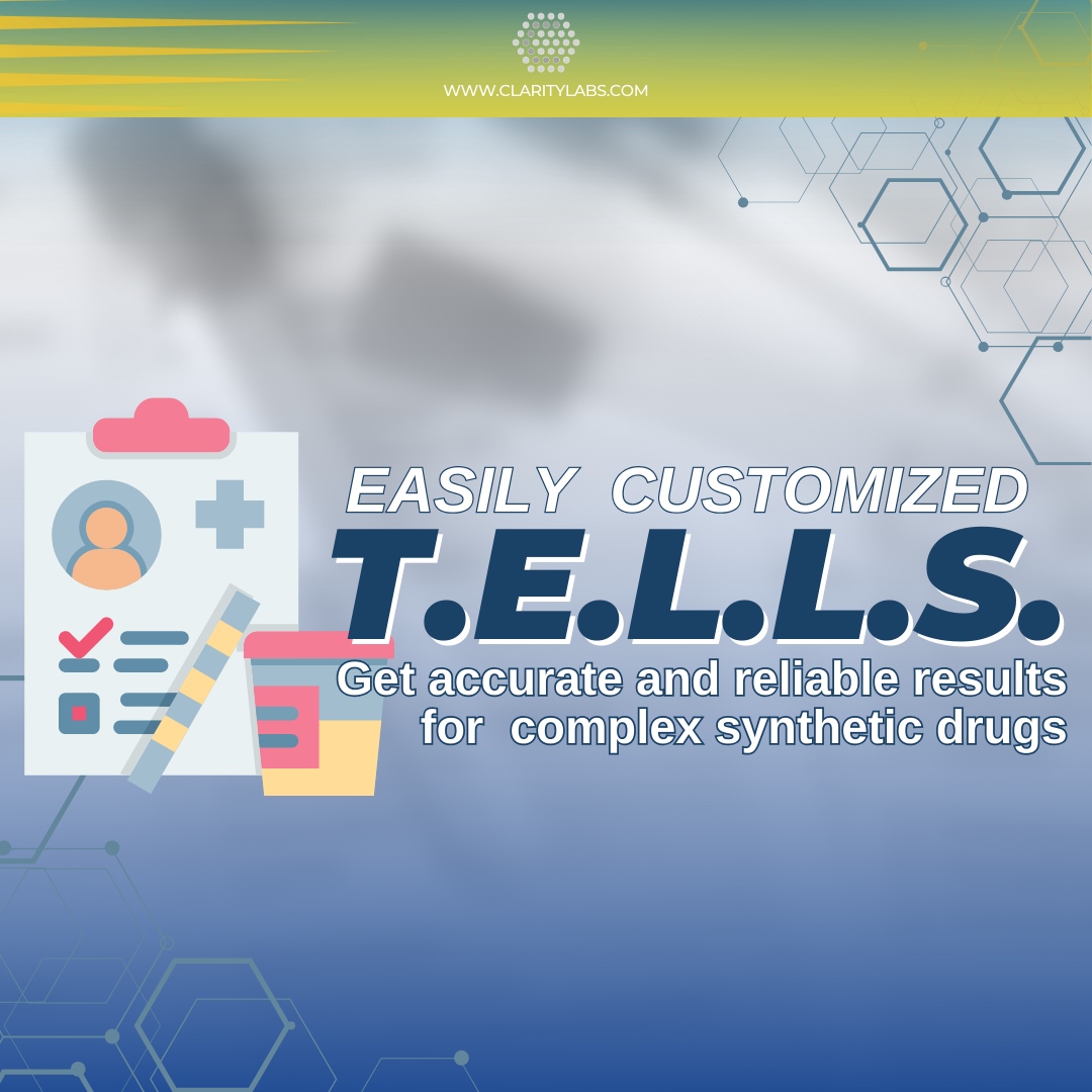 ClarityLaborat1's tweet image. Clarity T.E.L.L.S. offers customized testing for synthetic drugs like bath salts and synthetic cannabinoids using advanced MS technology. Accurate detection of synthetic cannabinoids, bath salts, and more. All from a simple urine sample.  #SyntheticDrugTesting #ClarityTELLS