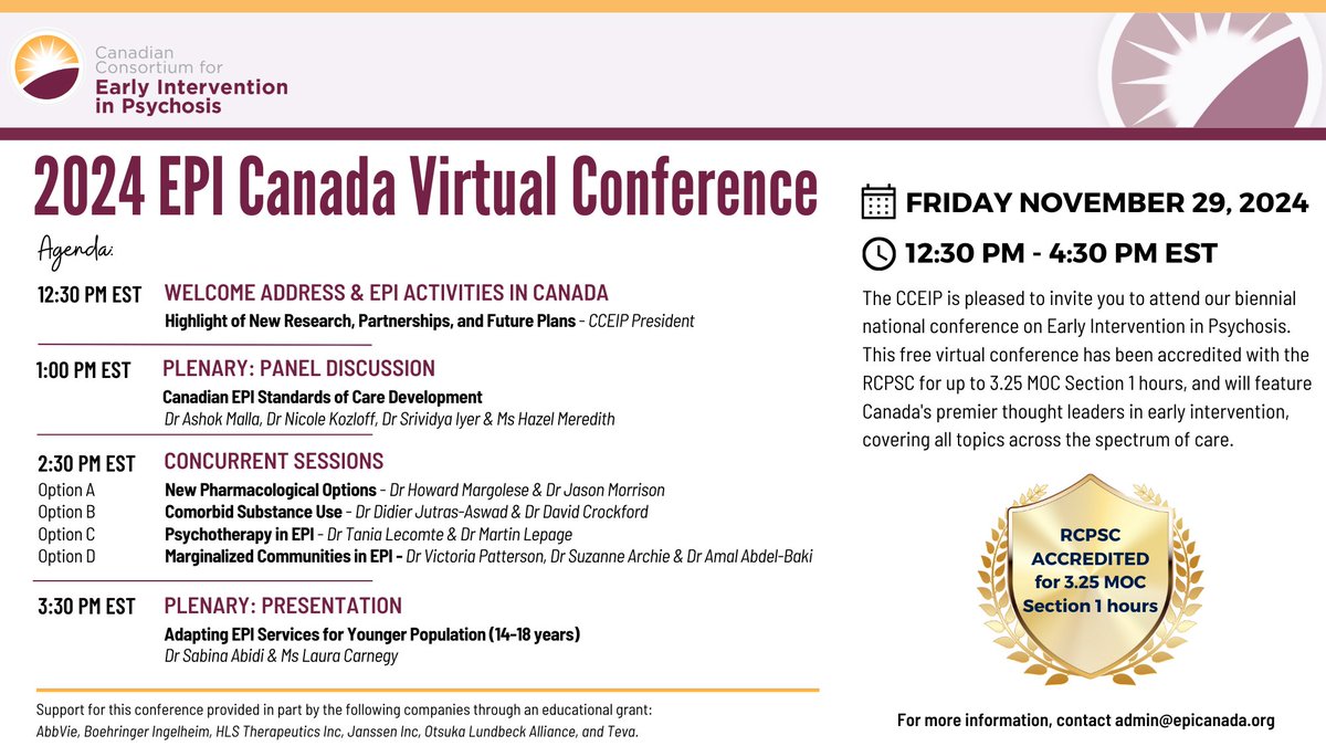 🌟Our 2024 EPI Canada Virtual Conference is now accredited with the RCPSC for up to 3.25 MOC Section 1 hours! All clinicians with an interest in early psychosis care are welcome to register here:
meetview.com/EPIconference2…
#CCEIPconference