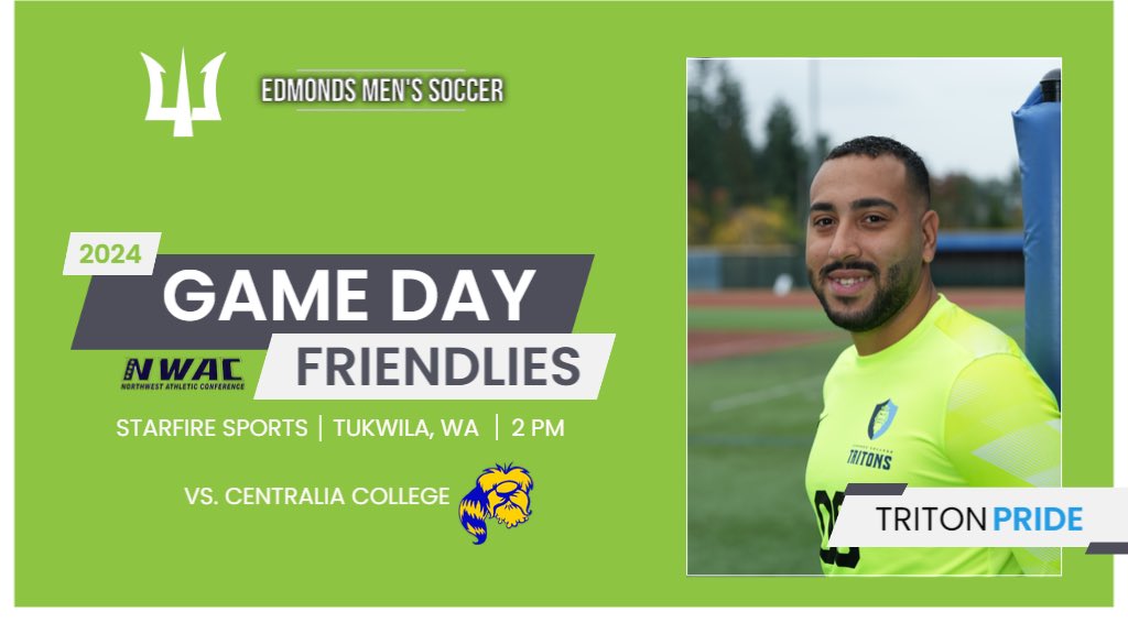 Edmonds College Tritons (@edmondstritons) on Twitter photo 🔱⚽️ Day 2️⃣ of the NWAC Friendlies has <a href="/Edmonds_msoc/">Edmonds College Men's Soccer</a> facing Centralia.
🕛 2 pm
📍 <a href="/StarfireSports/">Starfire Sports</a>, Field 4
🎟️ nwacsports.com/Digital_Ticket…
📊 nwacsports.org/sports/msoc/co…
#TritonPride 🔱⚽️ Day 2️⃣ of the NWAC Friendlies has <a href="/Edmonds_msoc/">Edmonds College Men's Soccer</a> facing Centralia.
🕛 2 pm
📍 <a href="/StarfireSports/">Starfire Sports</a>, Field 4
🎟️ nwacsports.com/Digital_Ticket…
📊 nwacsports.org/sports/msoc/co…
#TritonPride