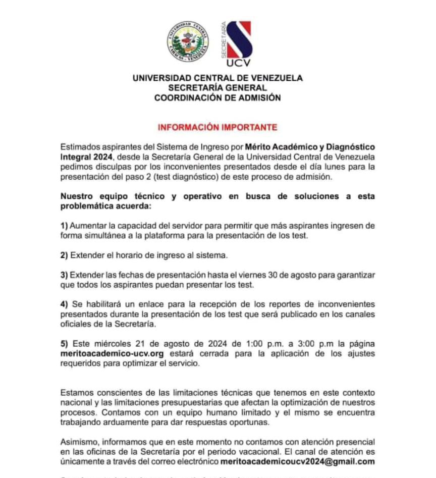 ATENCIÓN aspirantes a ingreso por SIMADI 2024.

Respecto a la presentación del Test diagnóstico integral.