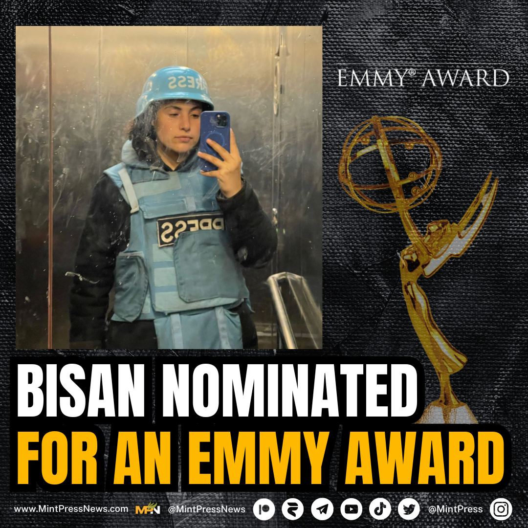 MintPressNews's tweet photo. Palestinian journalist Bisan Owda is nominated for an Emmy over her coverage of the war in Gaza

Despite a concentrated campaign to remove her nomination, the Emmys have stood by their decision to nominate one of the central voices from Gaza that is educating the world in English about the ongoing genocide. Bisan has been one of the most powerful voices from the Gaza Strip and risks her life to tell the story of her homeland.