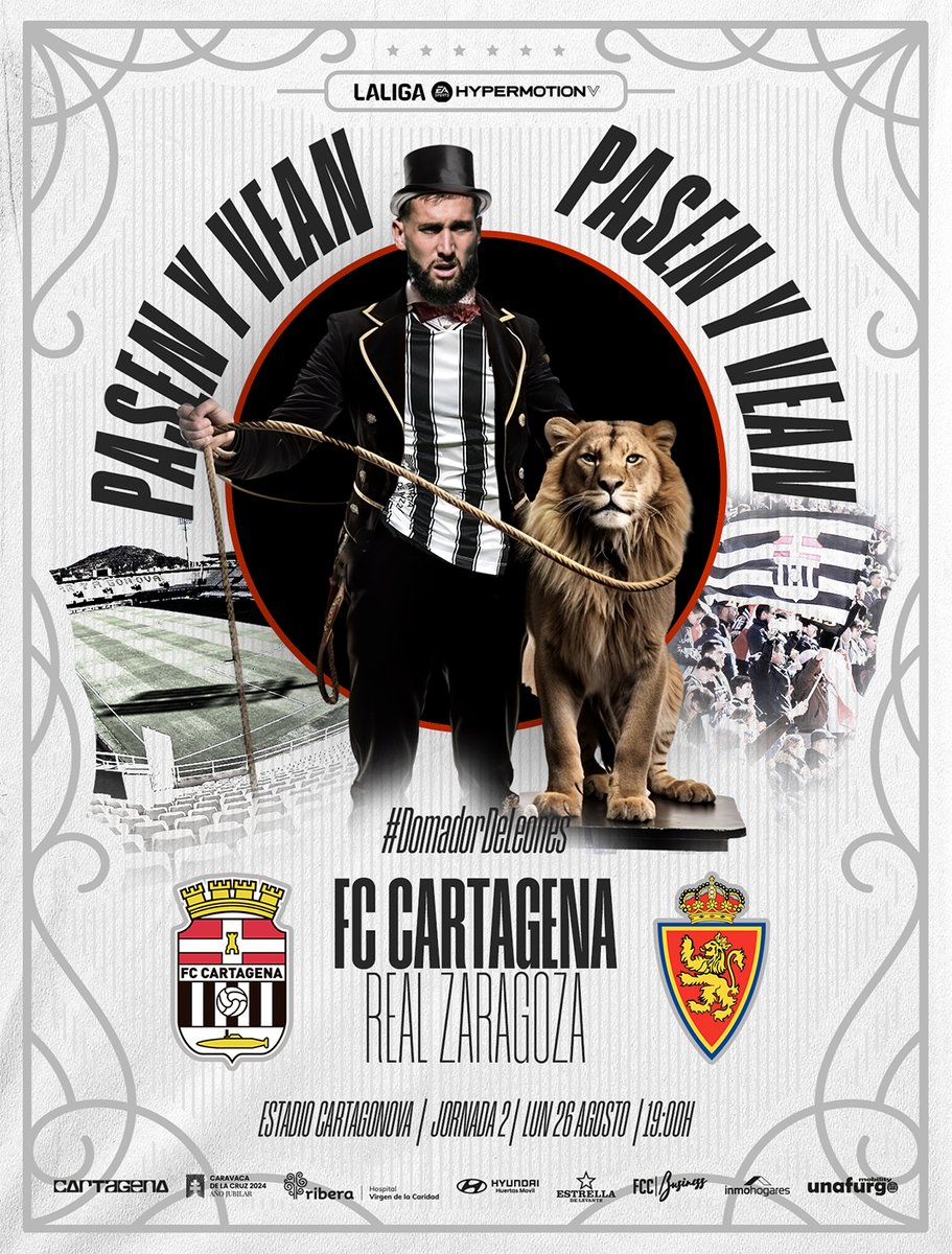 FCCartagena_efs's tweet photo. CARTEL | Que comience la función 🎪🦁‼️

En nuestro espectáculo encontrarás al mejor #DomadorDeLeones 🦁🫷

�� @RealZaragoza

#FCCartagena #Efesé #CartagenaRealZaragoza https://t.co/g1Zd1yfVLD