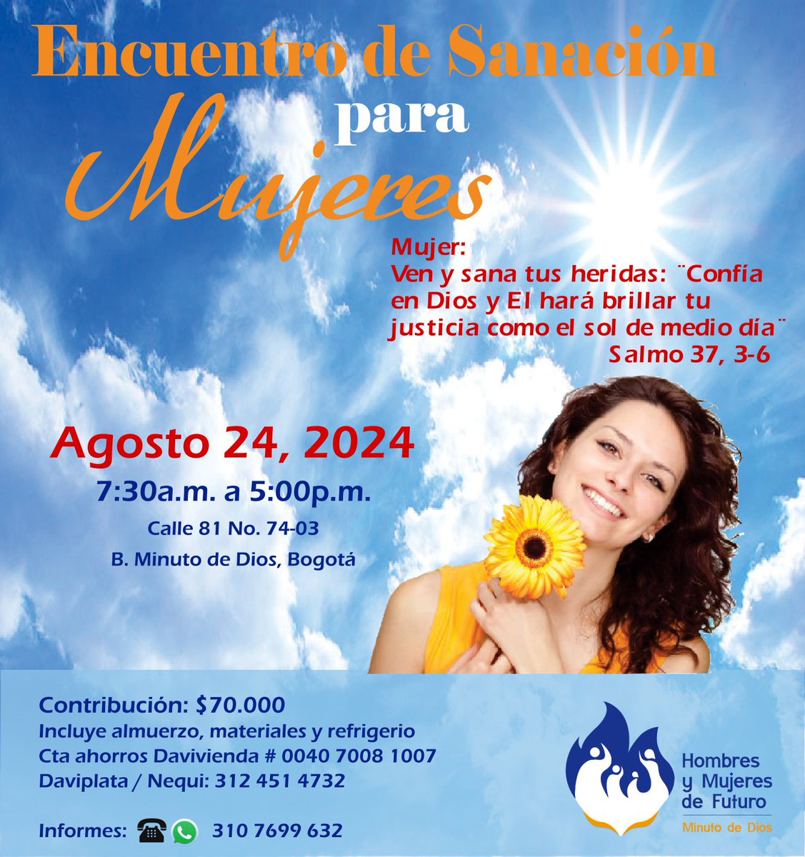 HyMFuturo's tweet photo. ¡Una experiencia que cambiará tu vida!
Mujer: deja el agite diario y aprovecha esta oportunidad. 
Sana tu corazón, renueva tu historia personal y familiar, llena tu vida de amor y mira el futuro con paz, esperanza y alegría.
¡Inscríbete hoy mismo!
Tel:  +57 310 7699 632 https://t.co/1mro6wIODB