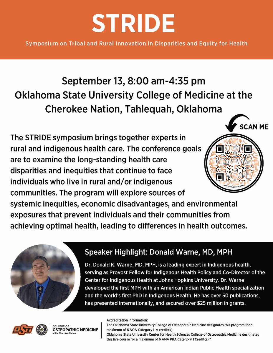 drbray's tweet photo. OSU College of Osteopathic Medicine at the Cherokee Nation is excited to welcome Dr. Donald Warne as the keynote speaker at STRIDE 2024.

Register Here - https://t.co/f4rVeyln5F

#CME #MedEd @OSUMedicine #OSUMedicineCN https://t.co/4dlz7Jotkr