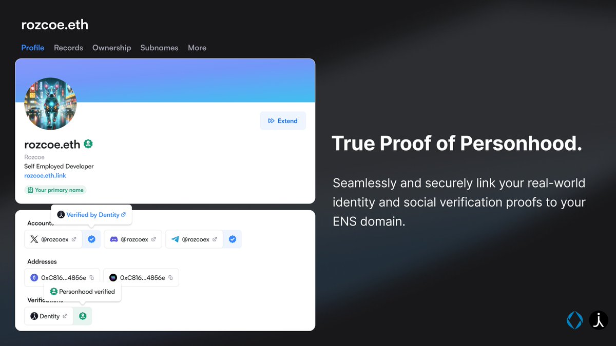 With this integration, you have full control over what personal information you share.

ENS users can now securely link their onchain identity with their real-world identity. Define the scope of what you share, control what’s publicly accessible, and keep your Personally