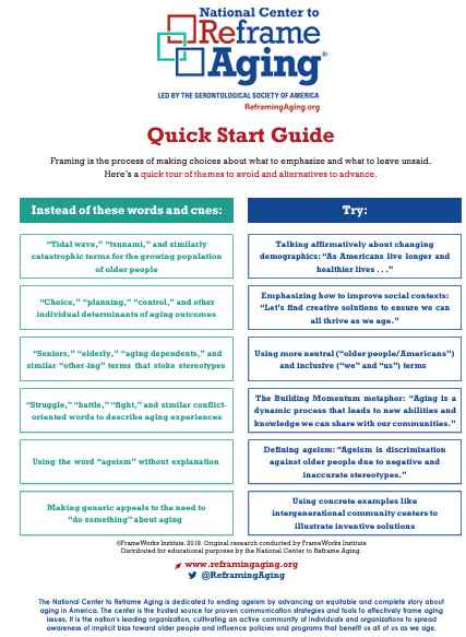 ReframingAging's tweet photo. Today is #NationalSeniorCitizensDay! We celebrate the invaluable contributions older people make to our communities. Use the quick start guide for tips, like using more neutral (“older people”) and inclusive (“we”) terms, to #ReframeAging: https://t.co/847DTfVodP https://t.co/wwzGBXYzee