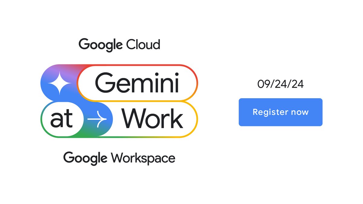 GoogleWorkspace's tweet image. We’re excited to announce our new global digital event, #GeminiAtWork. Join Google leaders and customers on September 24 to discover how AI is reshaping businesses across the globe. Registration is now open → goo.gle/3Mfdwxs