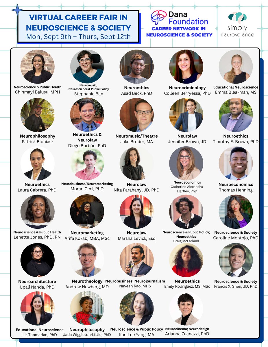 Neurotech Micro-credentials (@neurotechmc) on Twitter photo You are invited to the 2nd Annual Neuroscience & Society Virtual Career Fair hosted by <a href="/dana_fdn/">Dana Foundation🧠</a>!
📅 Mark your calendar: September 9-12, 2024, from 7-9 pm Eastern on Zoom
RSVP: umn.zoom.us/meeting/regist… You are invited to the 2nd Annual Neuroscience & Society Virtual Career Fair hosted by <a href="/dana_fdn/">Dana Foundation🧠</a>!
📅 Mark your calendar: September 9-12, 2024, from 7-9 pm Eastern on Zoom
RSVP: umn.zoom.us/meeting/regist…