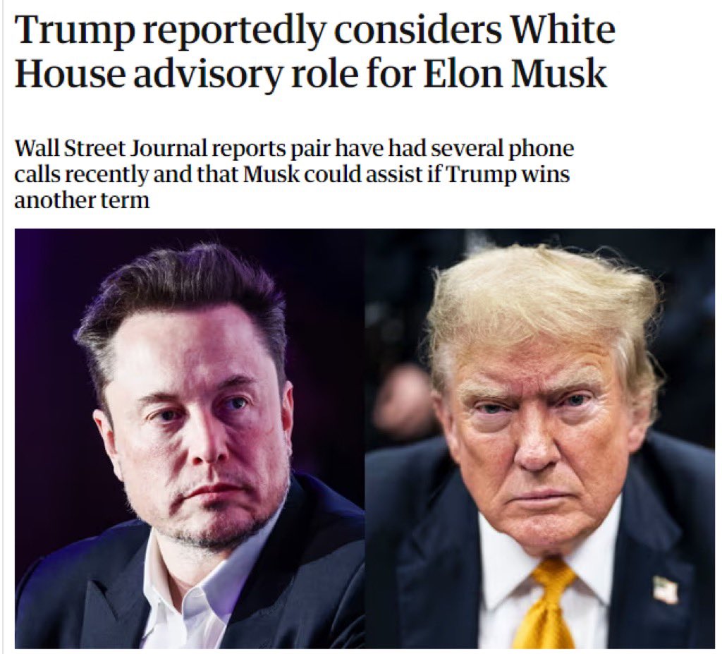 Bhaveshpress's tweet photo. 🚨 BREAKING:

- Elon Musk could be offered a cabinet or advisory role by  Donald Trump if Trump is elected President.

#ElonMusk #Trump #CabinetRole #Election2024 #BreakingNews https://t.co/QoqzkVAuhM