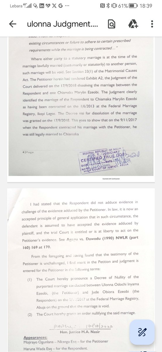 ChidiOdinkalu's tweet photo. The family of Ulonna Inyama, the Registrar of @WigweUniversity who tragically died in Abuja last month, wishes the world to know Ulonna was not married to Mr. Jude Ezeobi. The @fcthighcourt granted a decree of annulment in respect of Mr. Ezeobi's marriage claims on 17 Oct. 2023. https://t.co/IbzO26Y02d