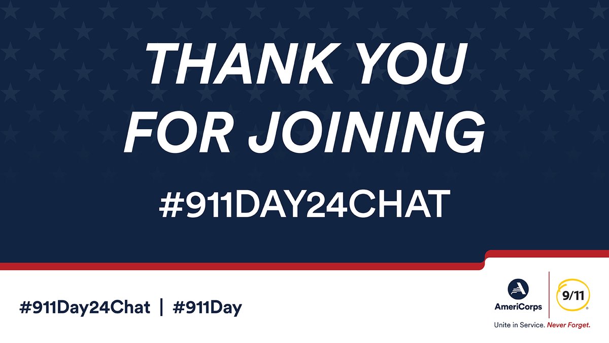 AmeriCorps's tweet photo. Thank you to all who joined our #911Day24Chat, and a big shoutout to our co-host @911Day and special guests @AmeriCorpsCEO, @DavidMPaine, and @YouthService President &amp; CEO Steve Culbertson! Find your spark to a lifetime of service this #911Day: https://t.co/iI5Wz7HxNM https://t.co/KOynh5o6VA